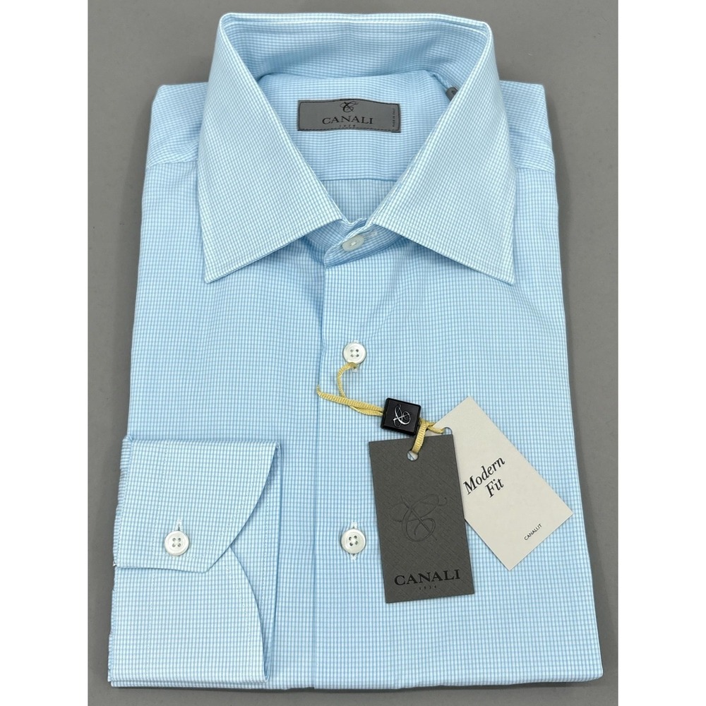 Canali Shirt Mens 15.75 40 Blue Gingham Check Modern Fit Dress Italy 15 3/4 NEW